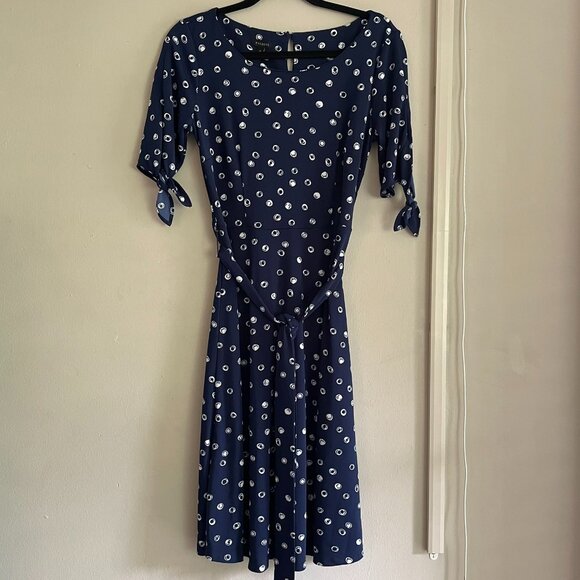 Talbots Women's Navy White Polka Dot Tie Sleeve Dress Ruffle Dress Size Small - Picture 2 of 11